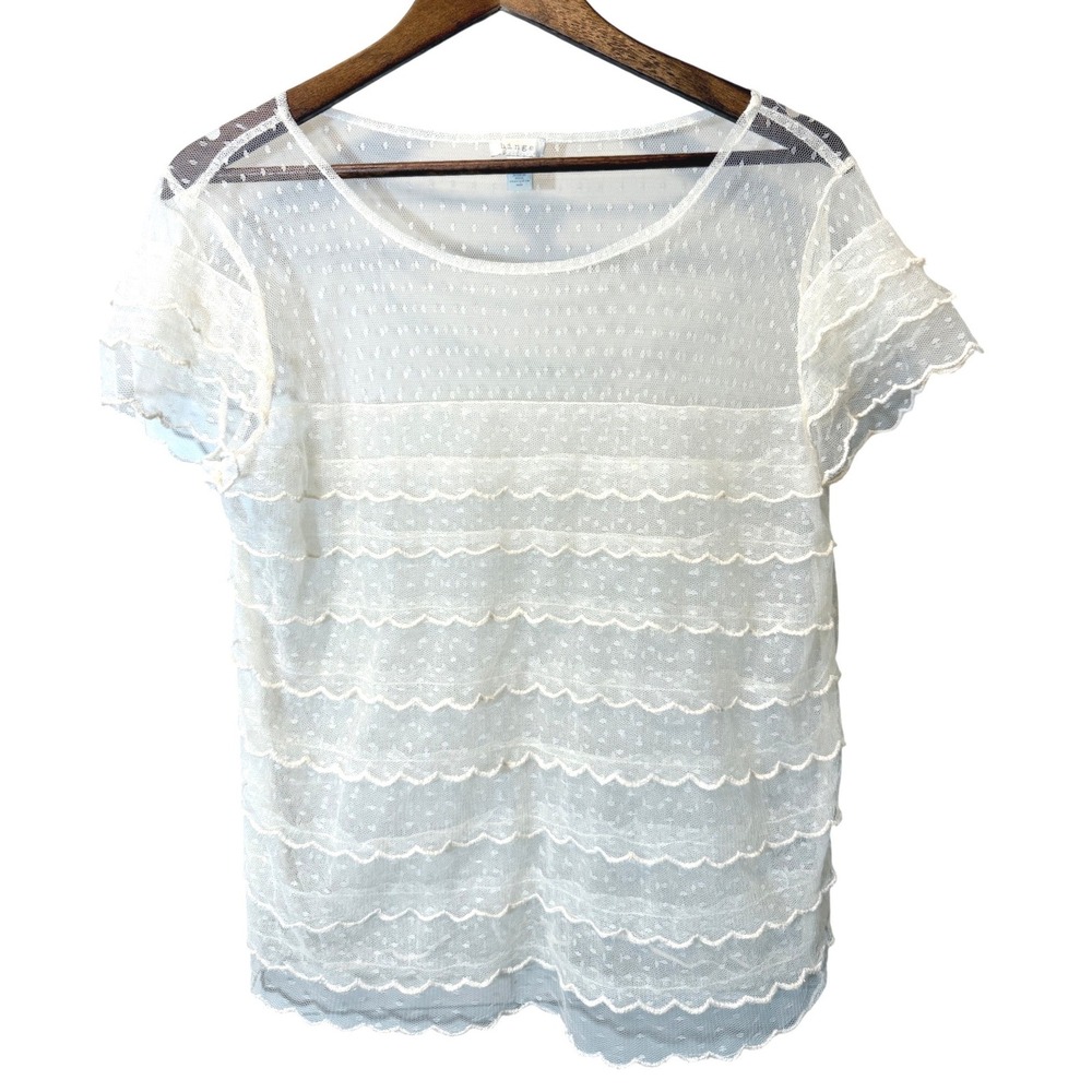 Hinge Sheer Ivory Ruffled Scalloped Tiered Swiss Dot Lace Blouse Size Medium